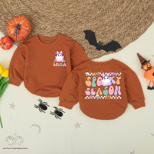 Personalized Spooky Season Romper: Cute Ghost Baby Halloween Outfit with Name, Groovy Font First Costume, Skull, Pumpkin, & Checkerboard Design, Comfy Cotton (Emma)