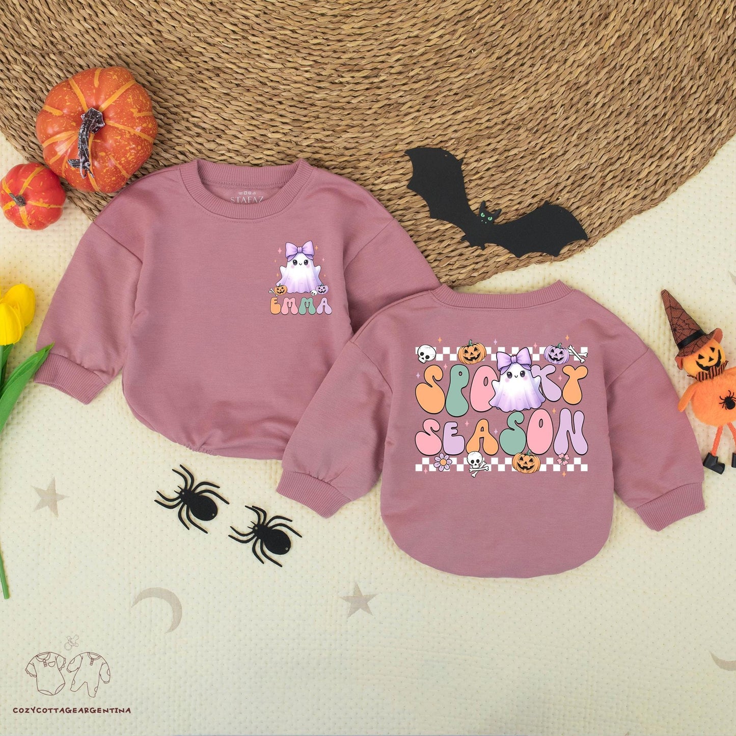 Personalized Spooky Season Romper: Cute Ghost Baby Halloween Outfit with Name, Groovy Font First Costume, Skull, Pumpkin, & Checkerboard Design, Comfy Cotton (Emma)