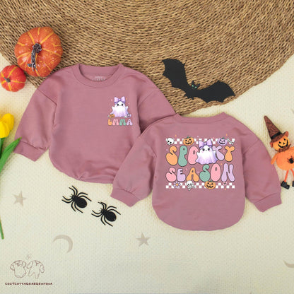 Personalized Spooky Season Romper: Cute Ghost Baby Halloween Outfit with Name, Groovy Font First Costume, Skull, Pumpkin, & Checkerboard Design, Comfy Cotton (Emma)