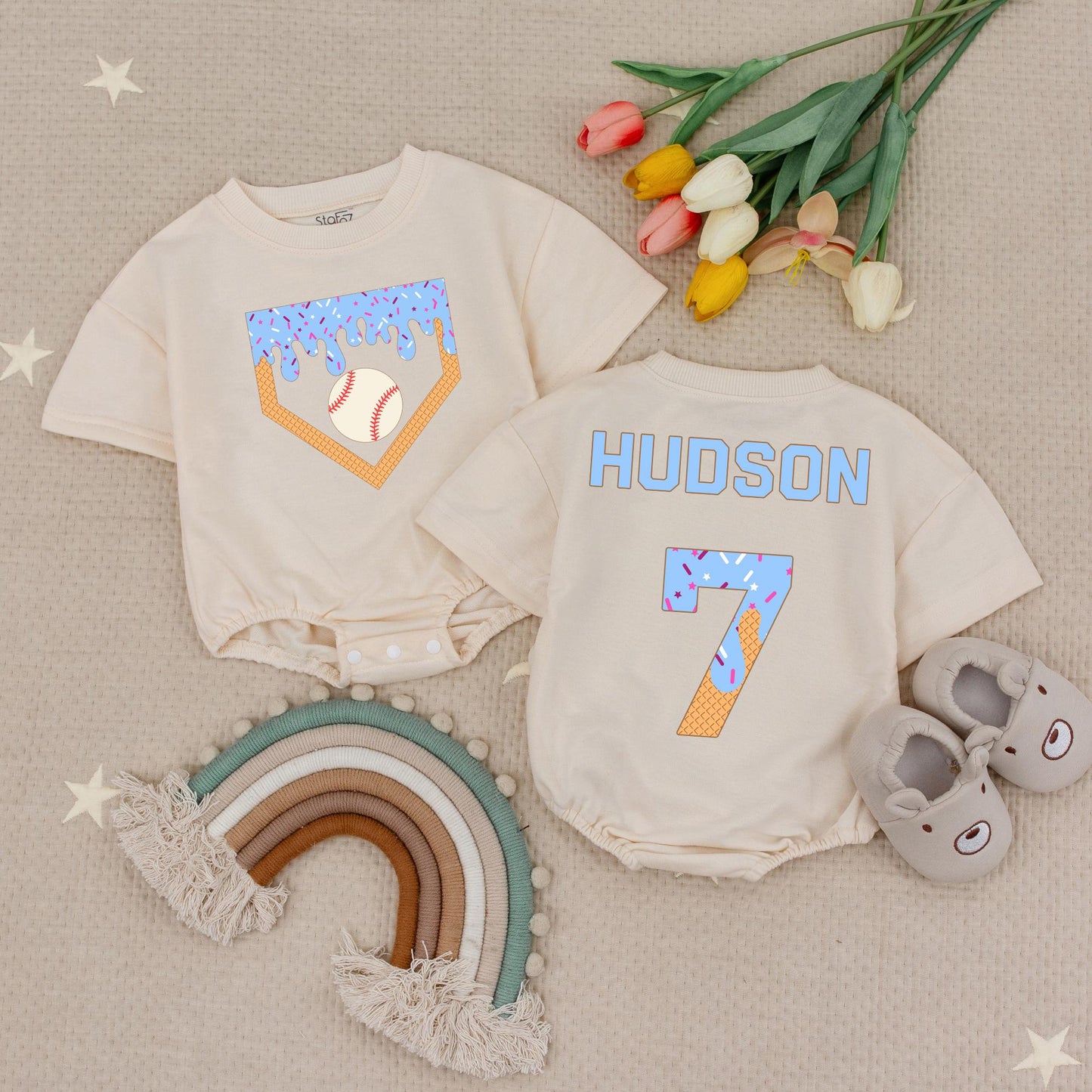 Personalized Baseball Ice Cream Drip Romper, Custom Name Baby Bodysuit, Waffle Cone Baseball Birthday Outfit, Boy's Summer Romper Gift, Sporty Kids 139