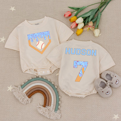 Personalized Baseball Ice Cream Drip Romper, Custom Name Baby Bodysuit, Waffle Cone Baseball Birthday Outfit, Boy's Summer Romper Gift, Sporty Kids 139