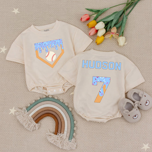 Personalized Baseball Ice Cream Drip Romper, Custom Name Baby Bodysuit, Waffle Cone Baseball Birthday Outfit, Boy's Summer Romper Gift, Sporty Kids 139