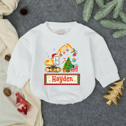 Whimsical Christmas Excavator Boy Bubble Romper, Toddler Holiday Construction Outfit with Santa Hat, Gifts & Tree, Baby Xmas Sweatshirt