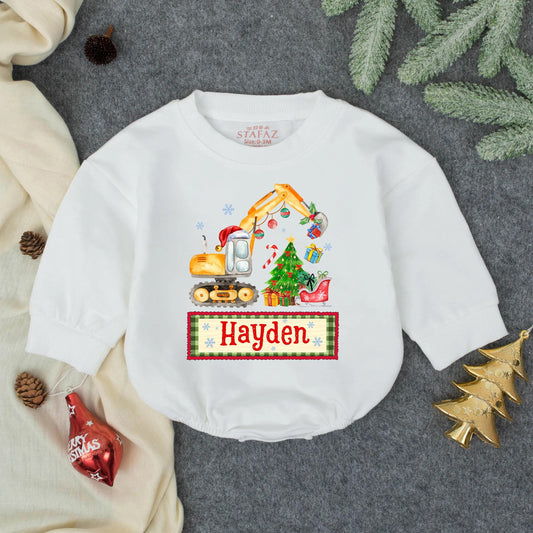 Whimsical Christmas Excavator Boy Bubble Romper, Toddler Holiday Construction Outfit with Santa Hat, Gifts & Tree, Baby Xmas Sweatshirt