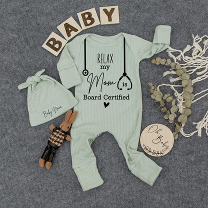 Personalized Relax My Mom Is Board Certified Funny Baby Bodysuit with Stethoscope Heart, Neutral Newborn Doctor Mom Gift Outfit