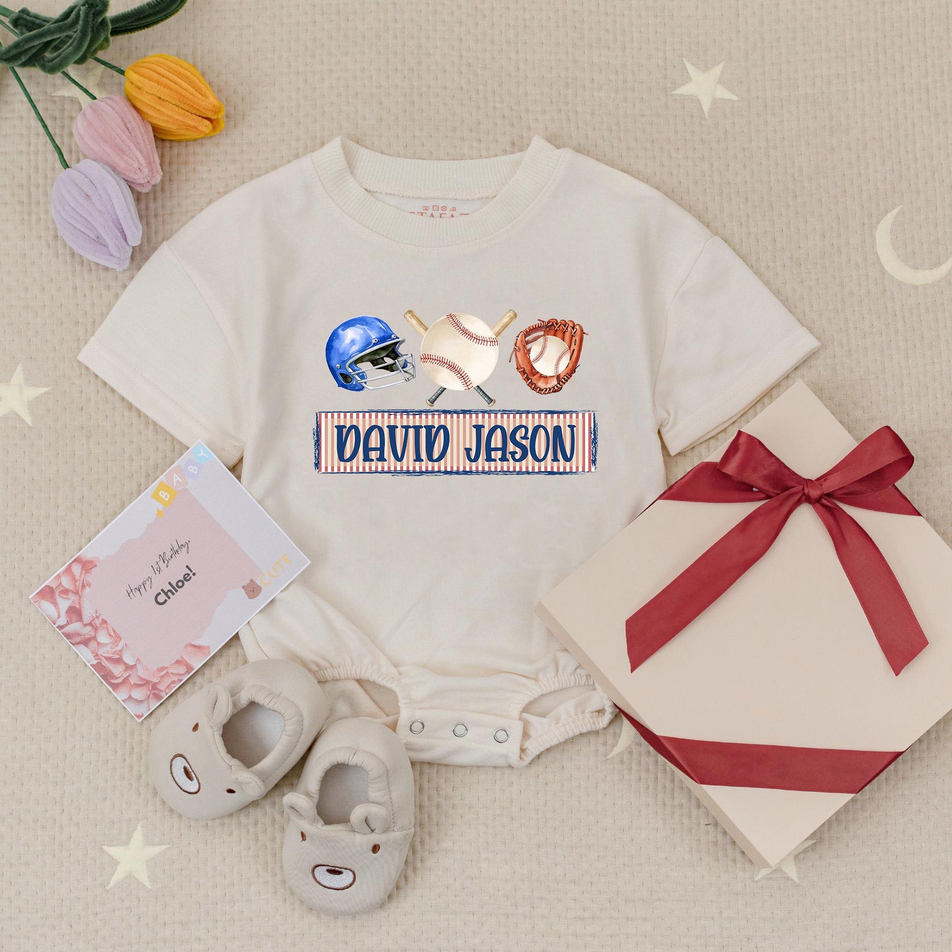 Personalized Baseball Star Romper: Custom Name Blue Helmet & Bats Baby Bodysuit, Little Slugger Outfit, Infant Sports Tee, Patriotic Kids Game Day Shirt