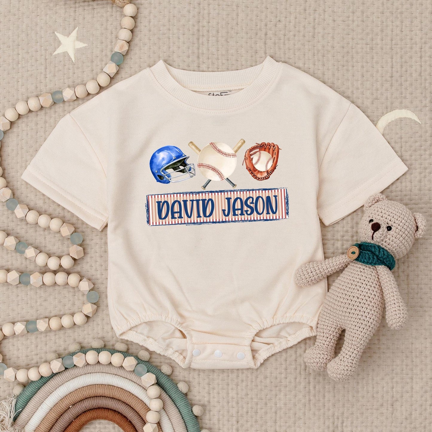 Personalized Baseball Star Romper: Custom Name Blue Helmet & Bats Baby Bodysuit, Little Slugger Outfit, Infant Sports Tee, Patriotic Kids Game Day Shirt