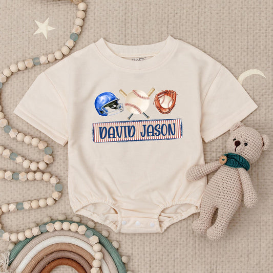 Personalized Baseball Star Romper: Custom Name Blue Helmet & Bats Baby Bodysuit, Little Slugger Outfit, Infant Sports Tee, Patriotic Kids Game Day Shirt