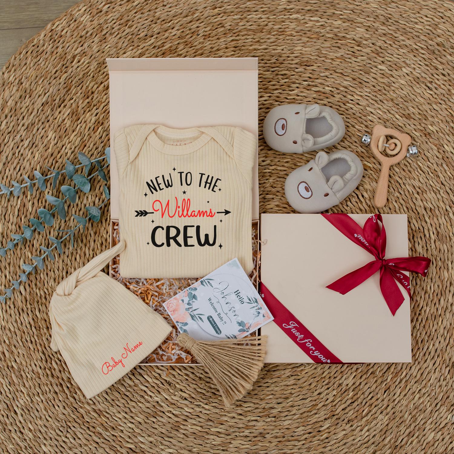 Custom New To The Crew Baby Bodysuit & Williams Name Outfit, Newborn Gift Set, Red Script with Stars Baby Announcement