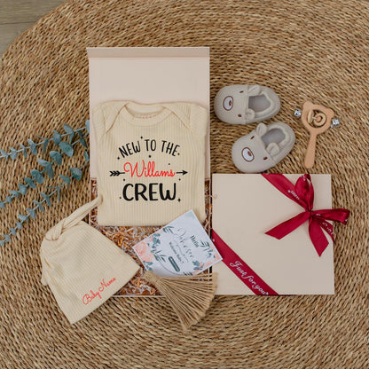 Custom New To The Crew Baby Bodysuit & Williams Name Outfit, Newborn Gift Set, Red Script with Stars Baby Announcement