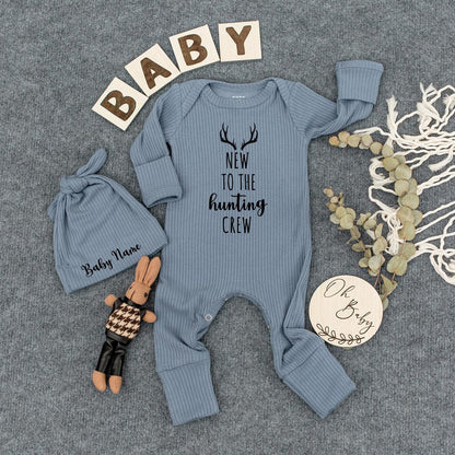 New To The Hunting Crew Baby Bodysuit with Custom Name Hat Rustic Antler Design Coming Home Outfit