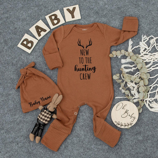 New To The Hunting Crew Baby Bodysuit with Custom Name Hat Rustic Antler Design Coming Home Outfit