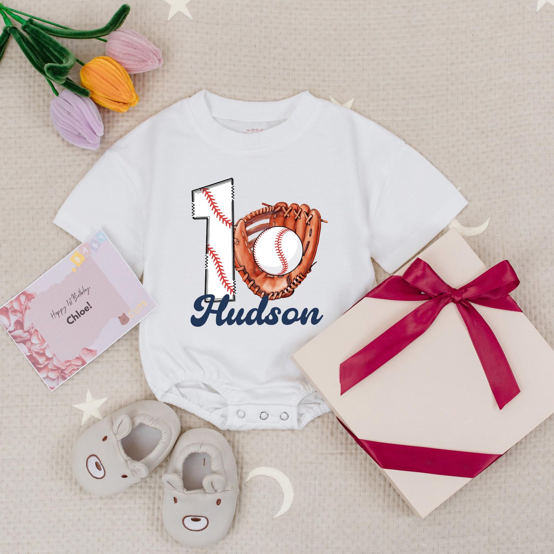 Hudson Baseball Rookie of The Year First Birthday Baby Romper Custom Name 1st Birthday Party Bodysuit Boy One Year Old Outfit