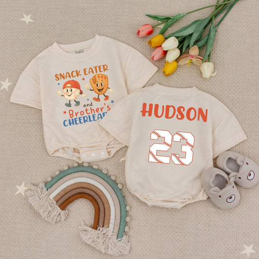 SNACK EATER & Brother's Cheerleader Baby Romper, Hudson 23 Baseball Toddler Tee, Playful Orange & Blue Design, Baseball Sibling Gift