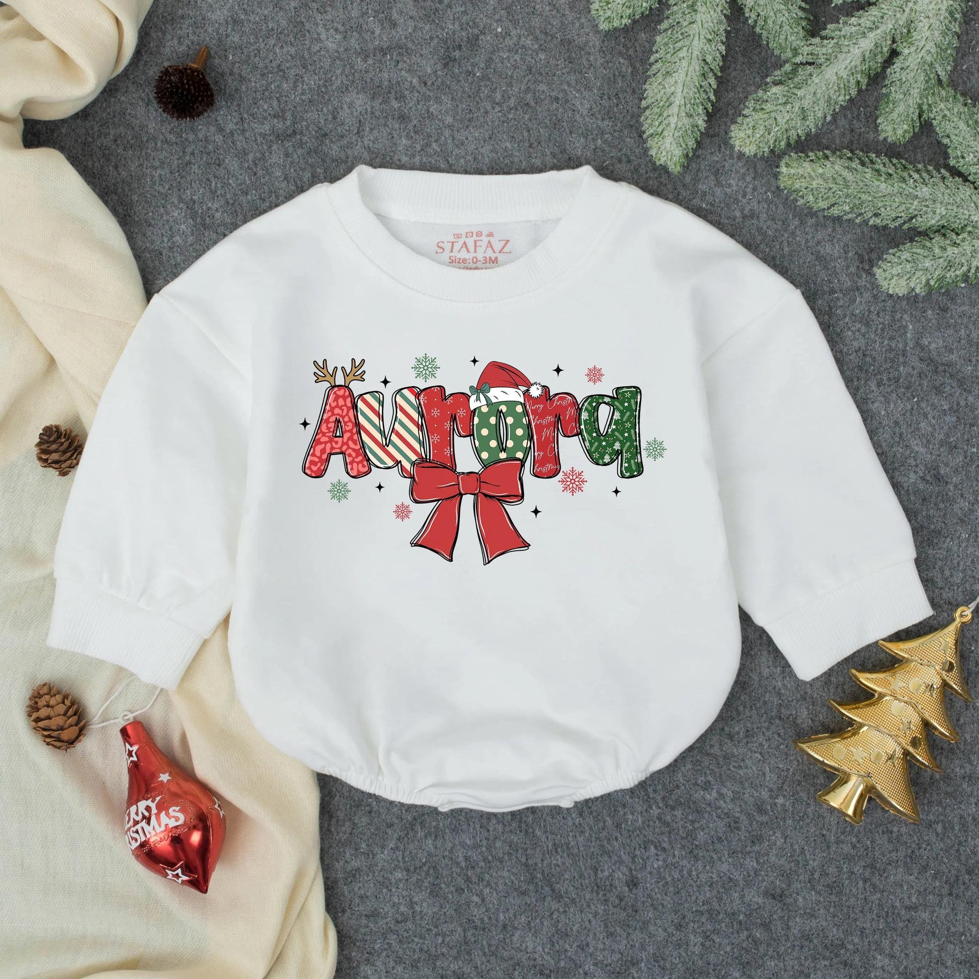 Personalized Name Christmas Baby Bodysuit Festive Holiday Infant Romper Red Green Design Bow Snowflakes Whimsical Newborn Outfit Baby Shower Gift
