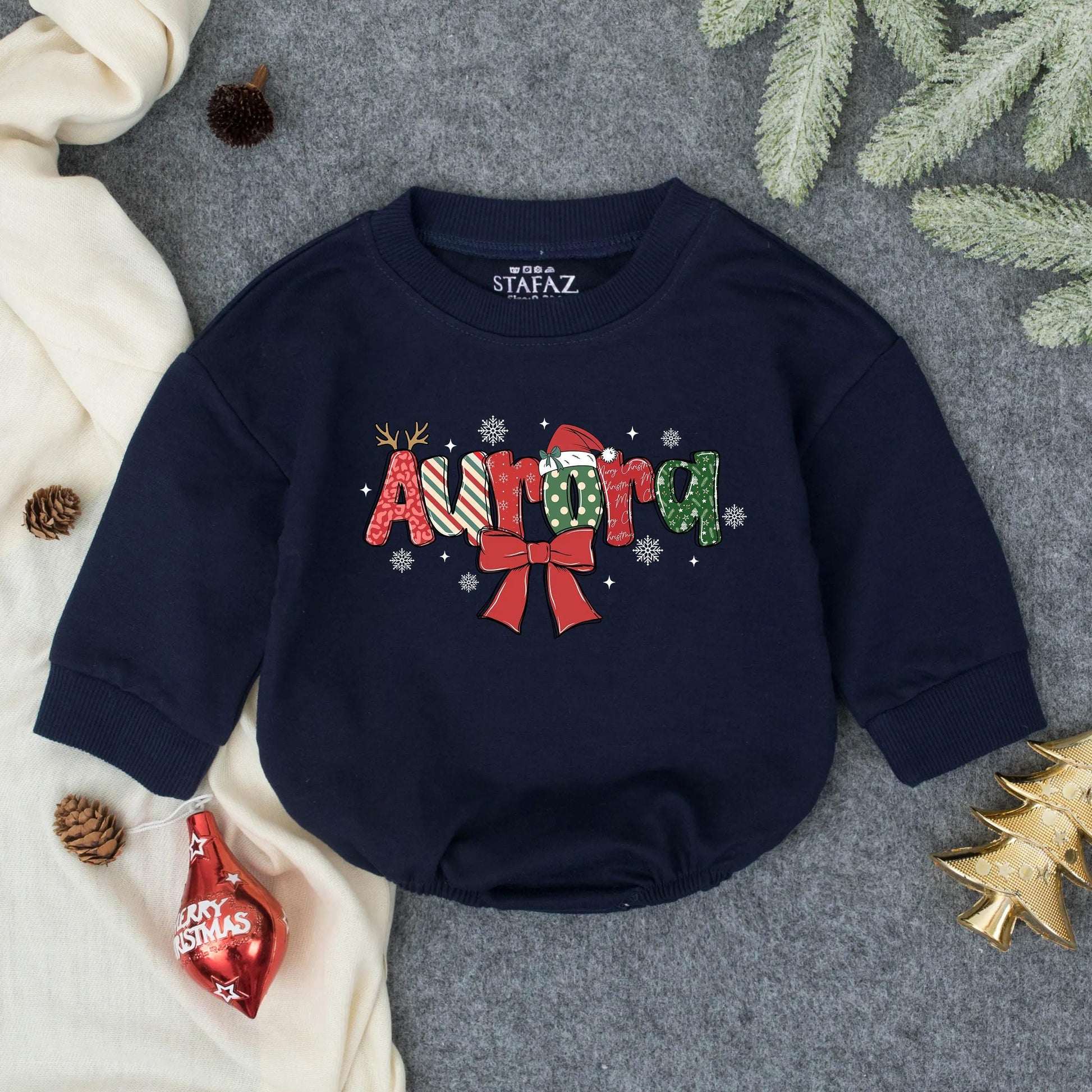Personalized Name Christmas Baby Bodysuit Festive Holiday Infant Romper Red Green Design Bow Snowflakes Whimsical Newborn Outfit Baby Shower Gift