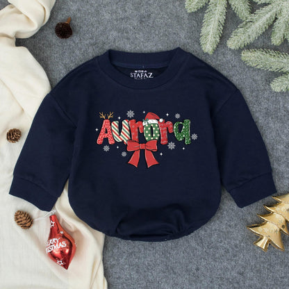 Personalized Name Christmas Baby Bodysuit Festive Holiday Infant Romper Red Green Design Bow Snowflakes Whimsical Newborn Outfit Baby Shower Gift