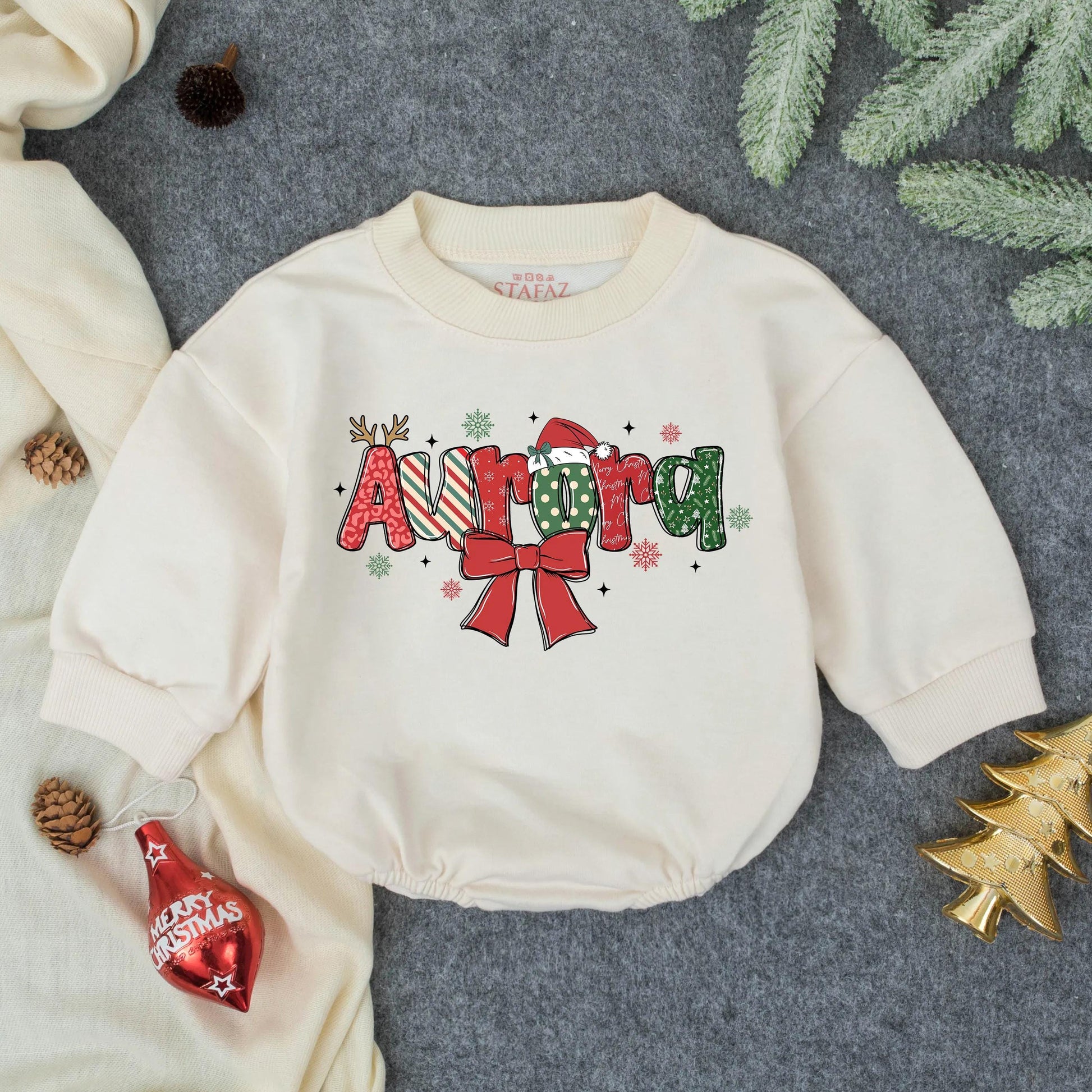 Personalized Name Christmas Baby Bodysuit Festive Holiday Infant Romper Red Green Design Bow Snowflakes Whimsical Newborn Outfit Baby Shower Gift
