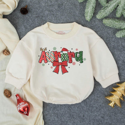 Personalized Name Christmas Baby Bodysuit Festive Holiday Infant Romper Red Green Design Bow Snowflakes Whimsical Newborn Outfit Baby Shower Gift