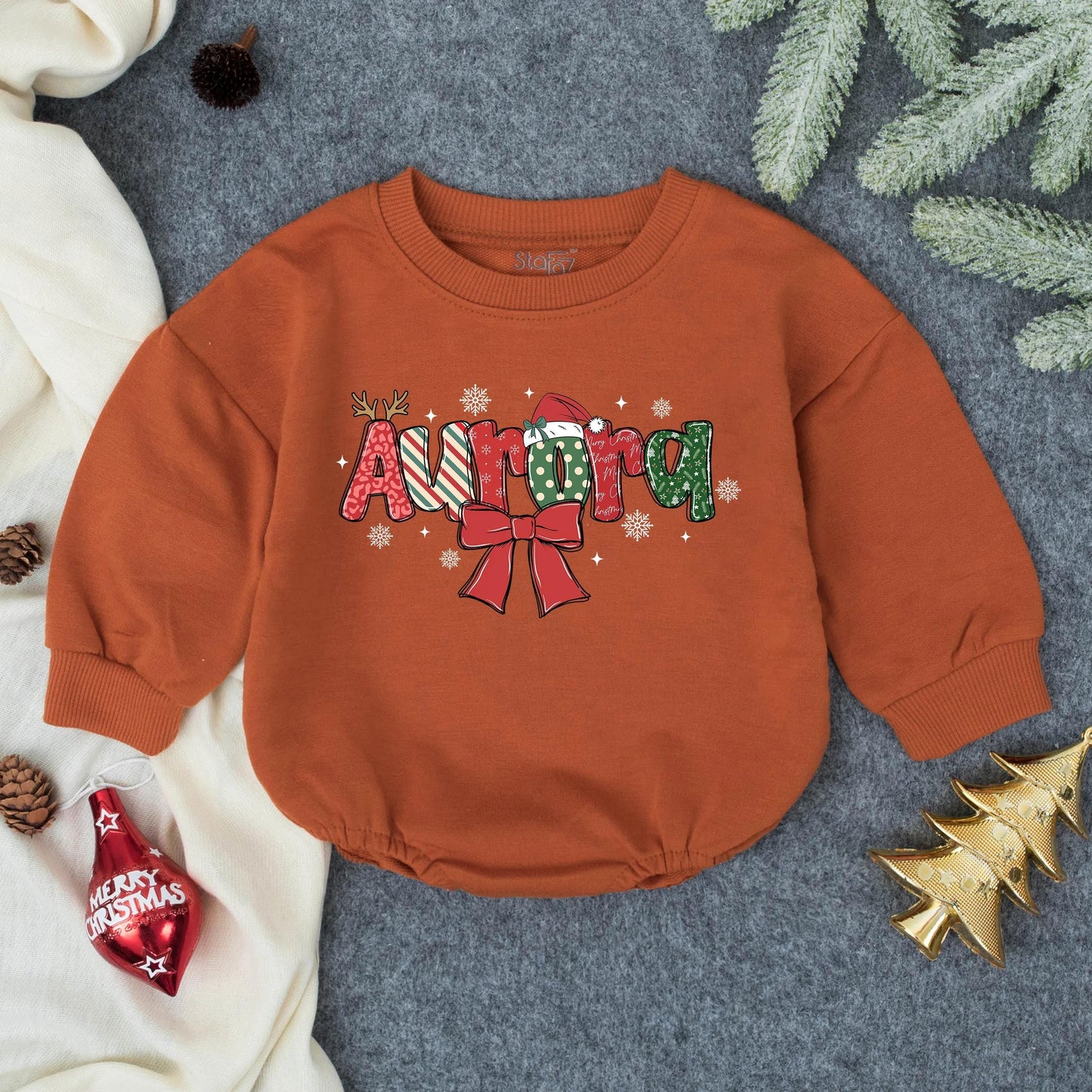 Personalized Name Christmas Baby Bodysuit Festive Holiday Infant Romper Red Green Design Bow Snowflakes Whimsical Newborn Outfit Baby Shower Gift