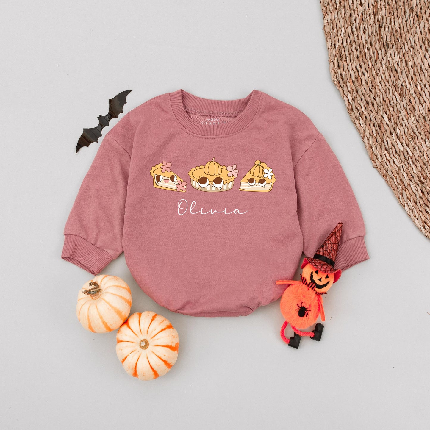 Custom Name Thanksgiving Baby Romper One Cutie Pie Design Fall Bodysuit Cute Pumpkin Pie Cake Smash Outfit Warm Tan Orange Flowers