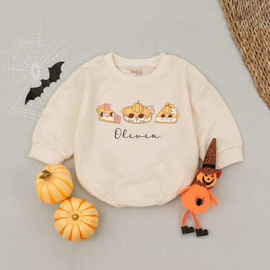 Custom Name Thanksgiving Baby Romper One Cutie Pie Design Fall Bodysuit Cute Pumpkin Pie Cake Smash Outfit Warm Tan Orange Flowers