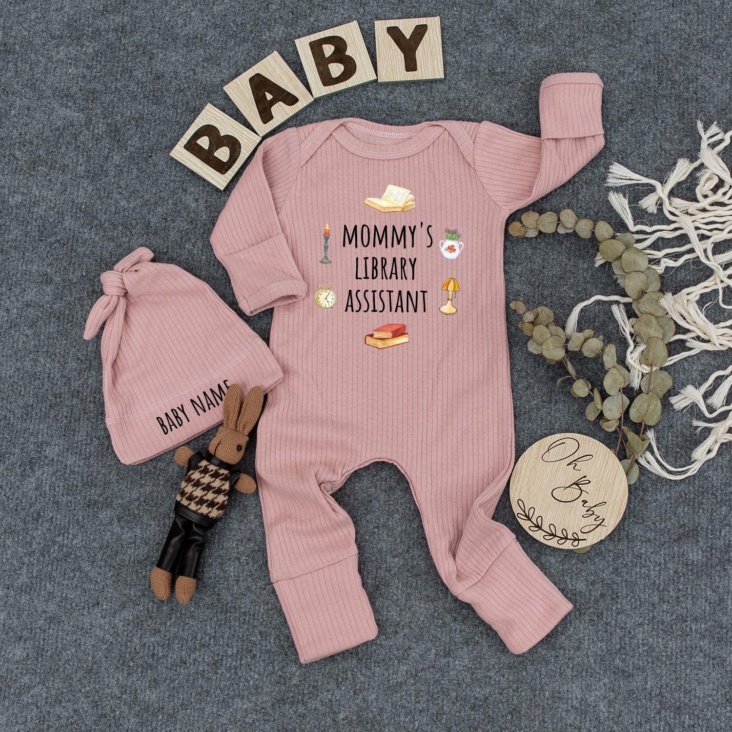 Mommy's Library Assistant Baby Bodysuit Cute Book Theme Romper Soft Muted Colors Personalized Name Hat Baby Shower Gift for Book Lovers