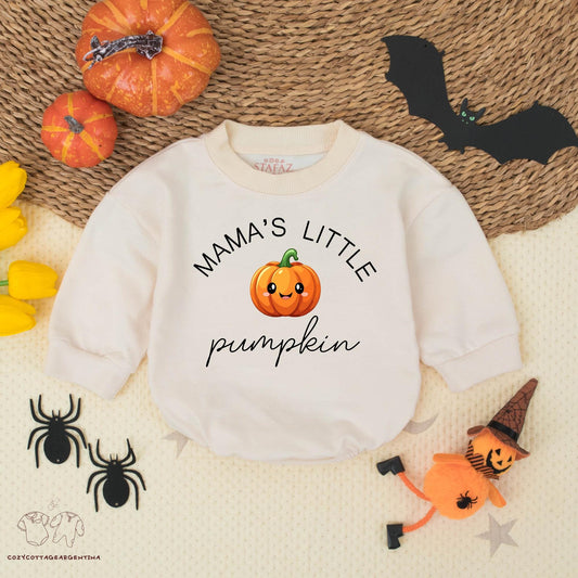 Mama's Little Pumpkin Baby Romper Cute Halloween Fall Outfit Smiling Pumpkin Black Font Script "Pumpkin" Gift Baby Clothes