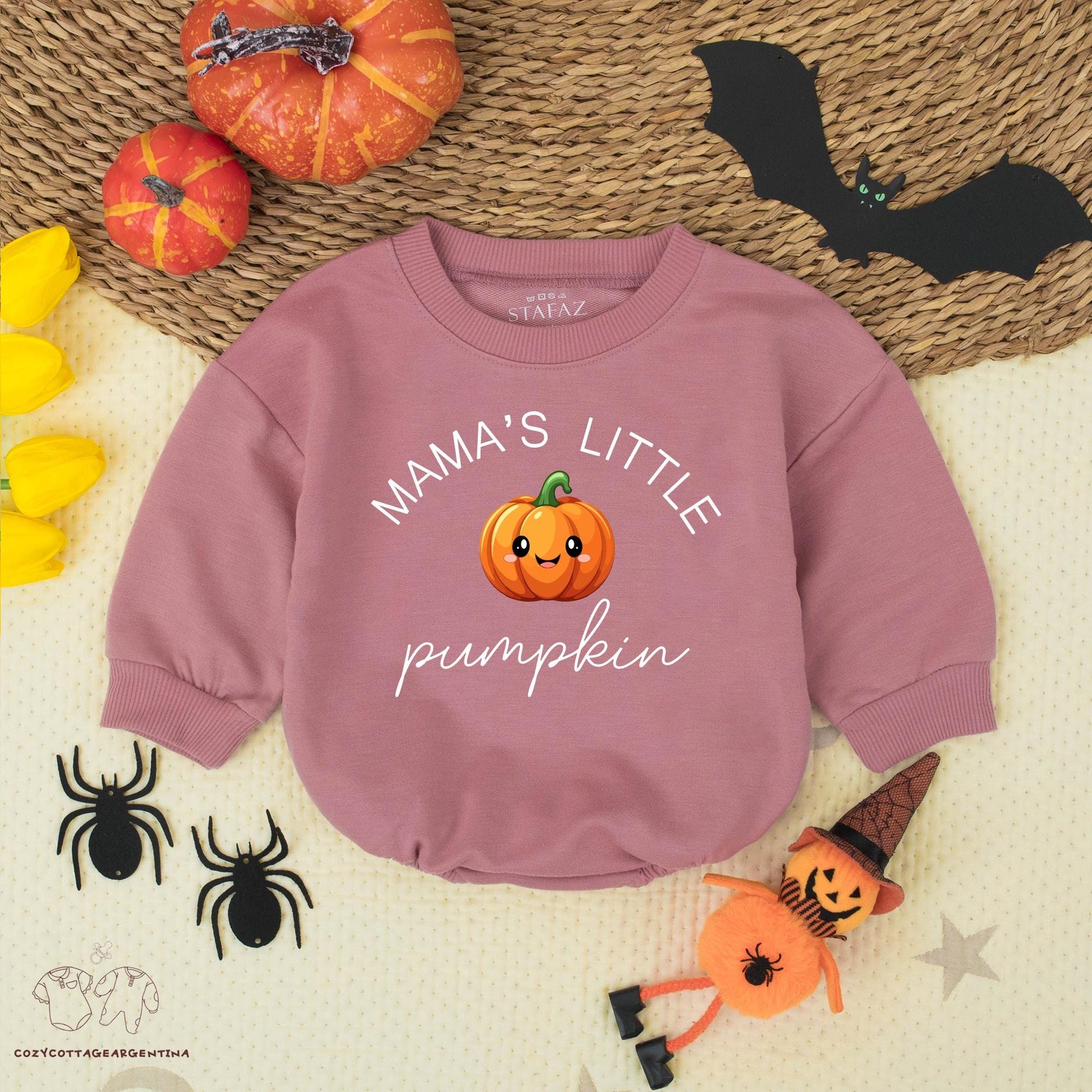 Mama's Little Pumpkin Baby Romper Cute Halloween Fall Outfit Smiling Pumpkin Black Font Script "Pumpkin" Gift Baby Clothes