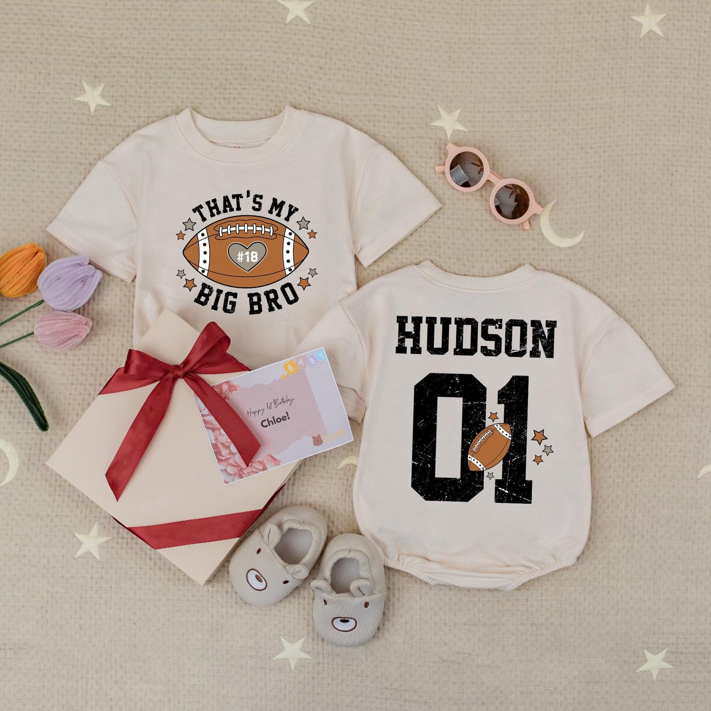 Custom 'That's My Big Bro' Football Romper, Hudson 01 Personalized Game Day Baby Outfit, Brother's Biggest Fan Clothes 18 Heart Star Accents