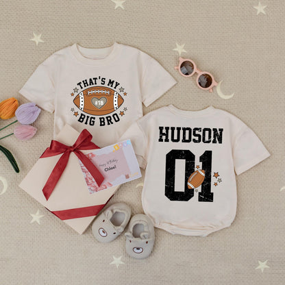 Custom 'That's My Big Bro' Football Romper, Hudson 01 Personalized Game Day Baby Outfit, Brother's Biggest Fan Clothes 18 Heart Star Accents