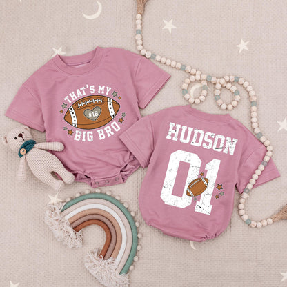 Custom 'That's My Big Bro' Football Romper, Hudson 01 Personalized Game Day Baby Outfit, Brother's Biggest Fan Clothes 18 Heart Star Accents