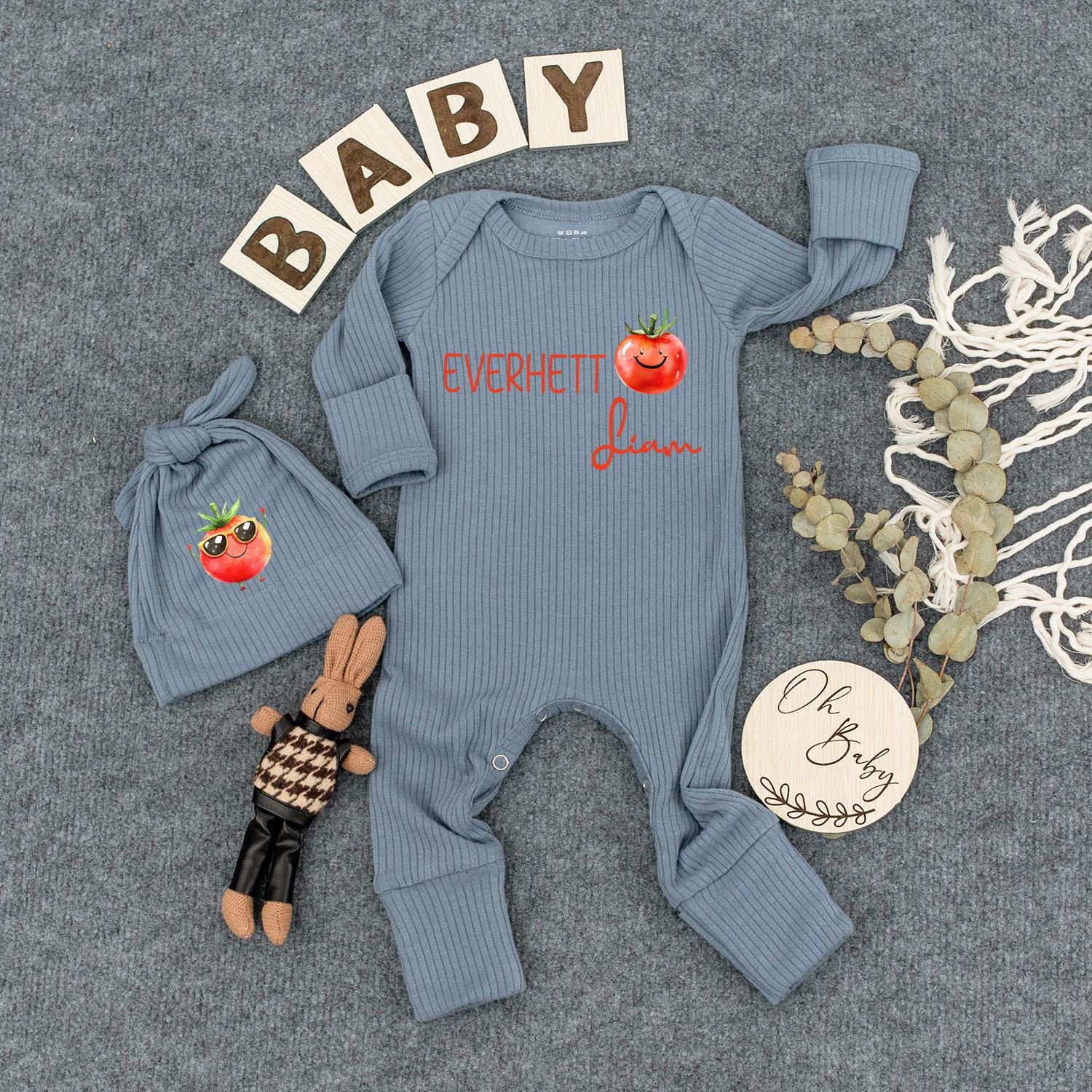 Personalized Baby First Middle Name Romper Adorable Smiling Tomato Design Modern Newborn Shower Gift Coming Home Outfit