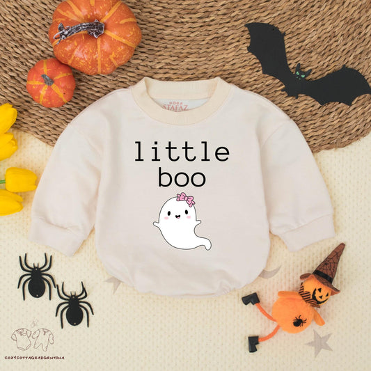 Little Boo Ghost Baby Romper Cute Halloween Bodysuit Infant Fall Outfit Newborn Halloween Clothes Friendly Smile Pink Bow Cozy