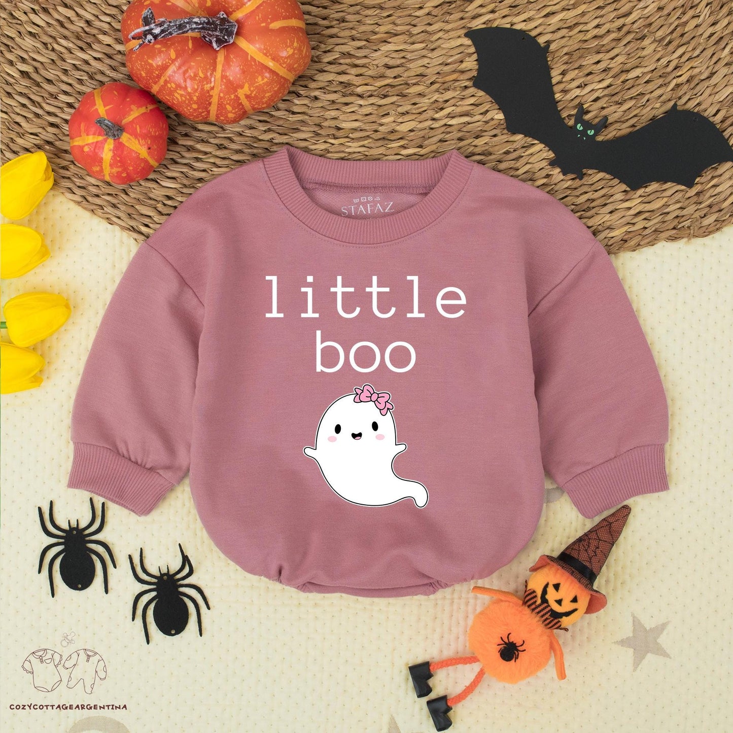 Little Boo Ghost Baby Romper Cute Halloween Bodysuit Infant Fall Outfit Newborn Halloween Clothes Friendly Smile Pink Bow Cozy