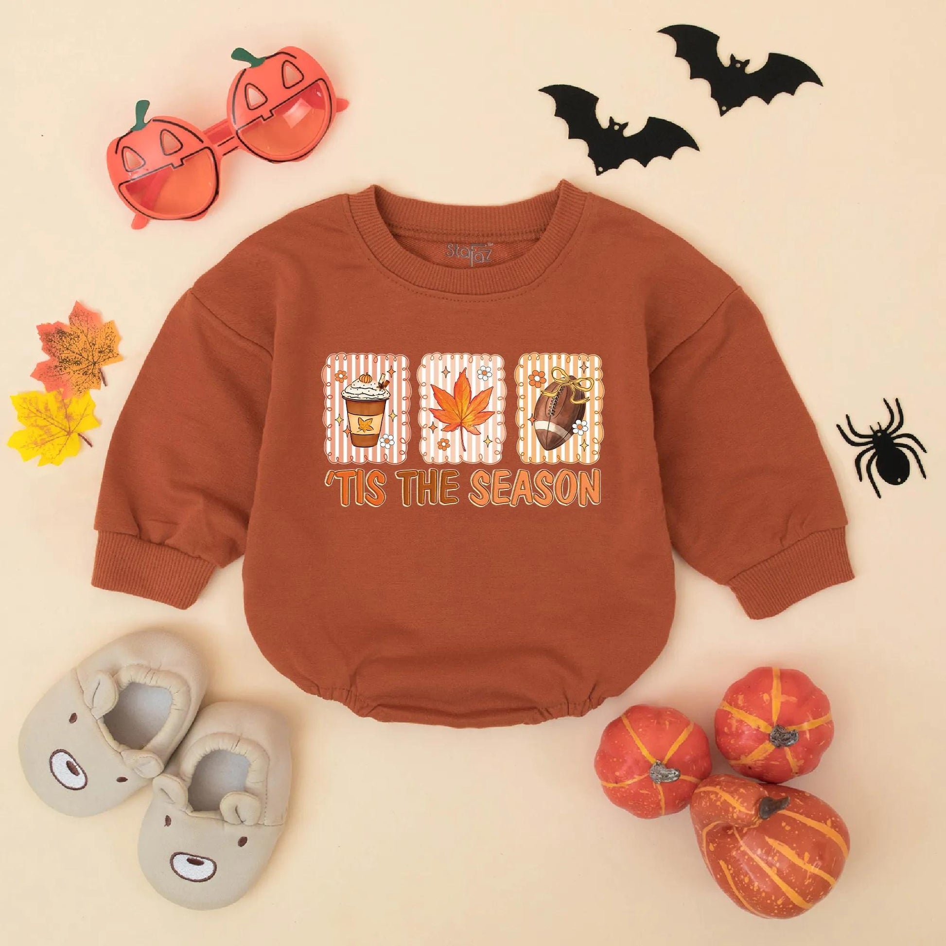 Tis The Season Baby Romper Retro Football Maple Leaf Pumpkin Spice Latte Fall Outfit Toddler Newborn First Thanksgiving Gift
