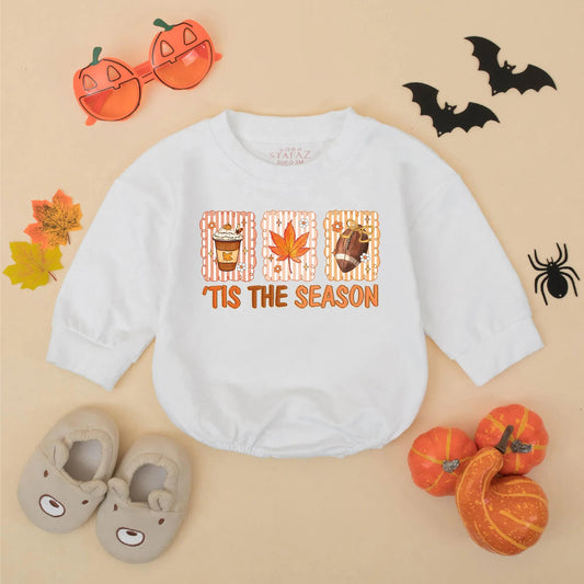 Tis The Season Baby Romper Retro Football Maple Leaf Pumpkin Spice Latte Fall Outfit Toddler Newborn First Thanksgiving Gift