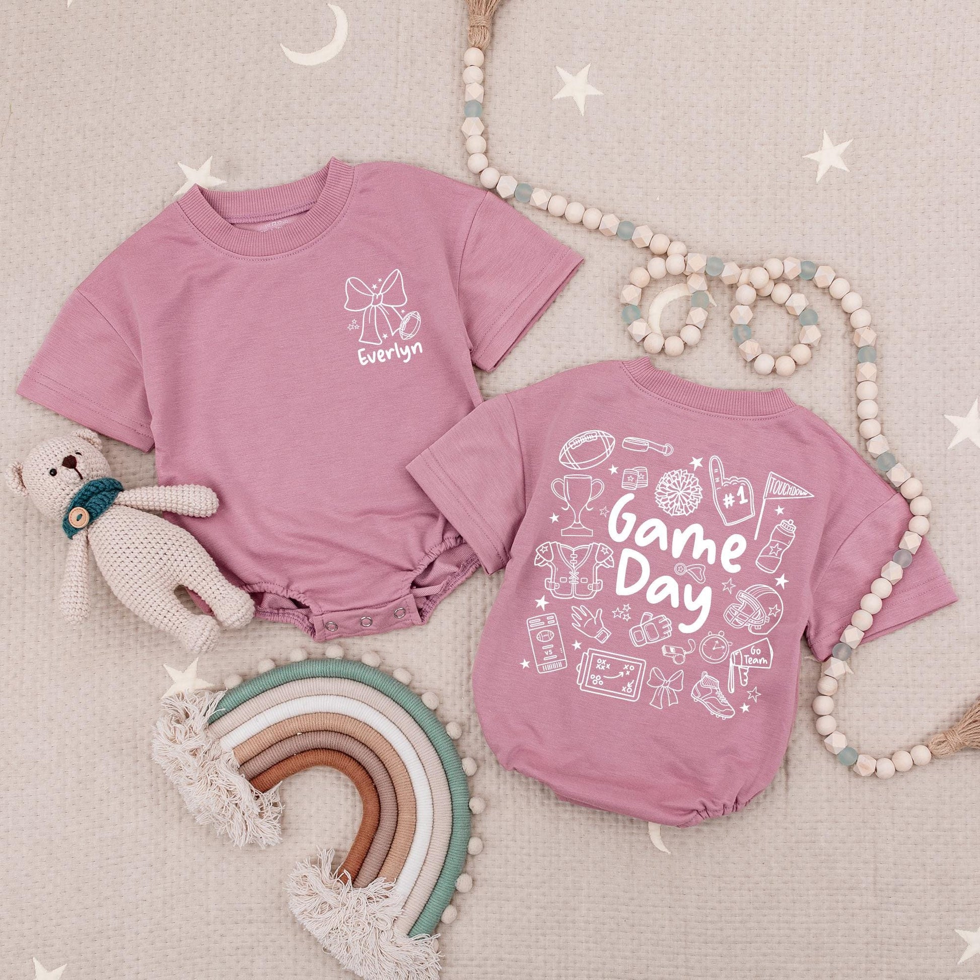 Custom Name Football Game Day Baby Romper with Bow Stars, Cute Football Season Infant Bodysuit in Earthy Brown Tones
