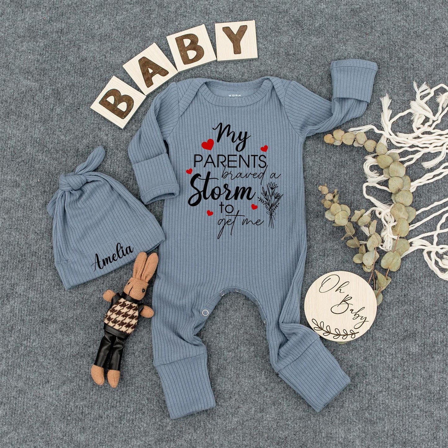 My Parents Braved A Storm To Get Me Baby Romper & Amelia Hat Set, Rainbow Baby Gift, Newborn Coming Home Outfit, Neutral Baby Clothes