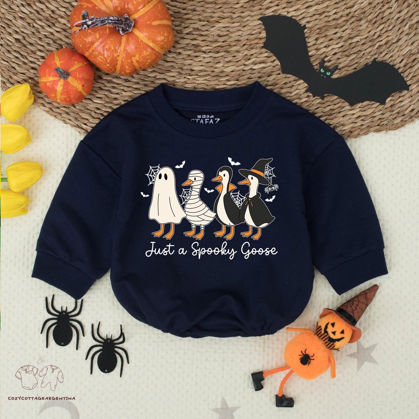 Cute Spooky Goose Baby Romper Funny Halloween Bodysuit Cartoon Geese Ghost Mummy Witch Wizard Costumes Bats Spiderwebs Design