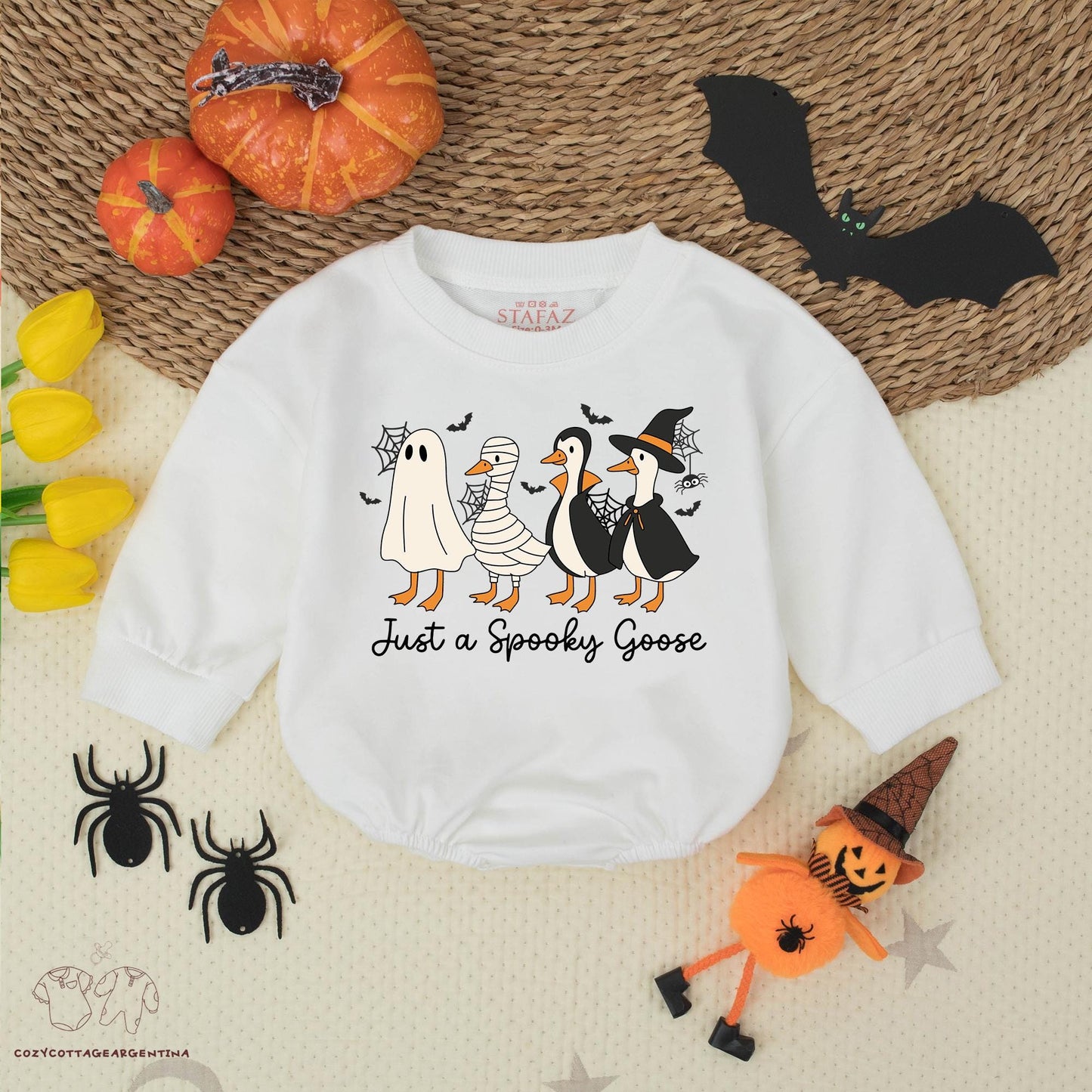 Cute Spooky Goose Baby Romper Funny Halloween Bodysuit Cartoon Geese Ghost Mummy Witch Wizard Costumes Bats Spiderwebs Design