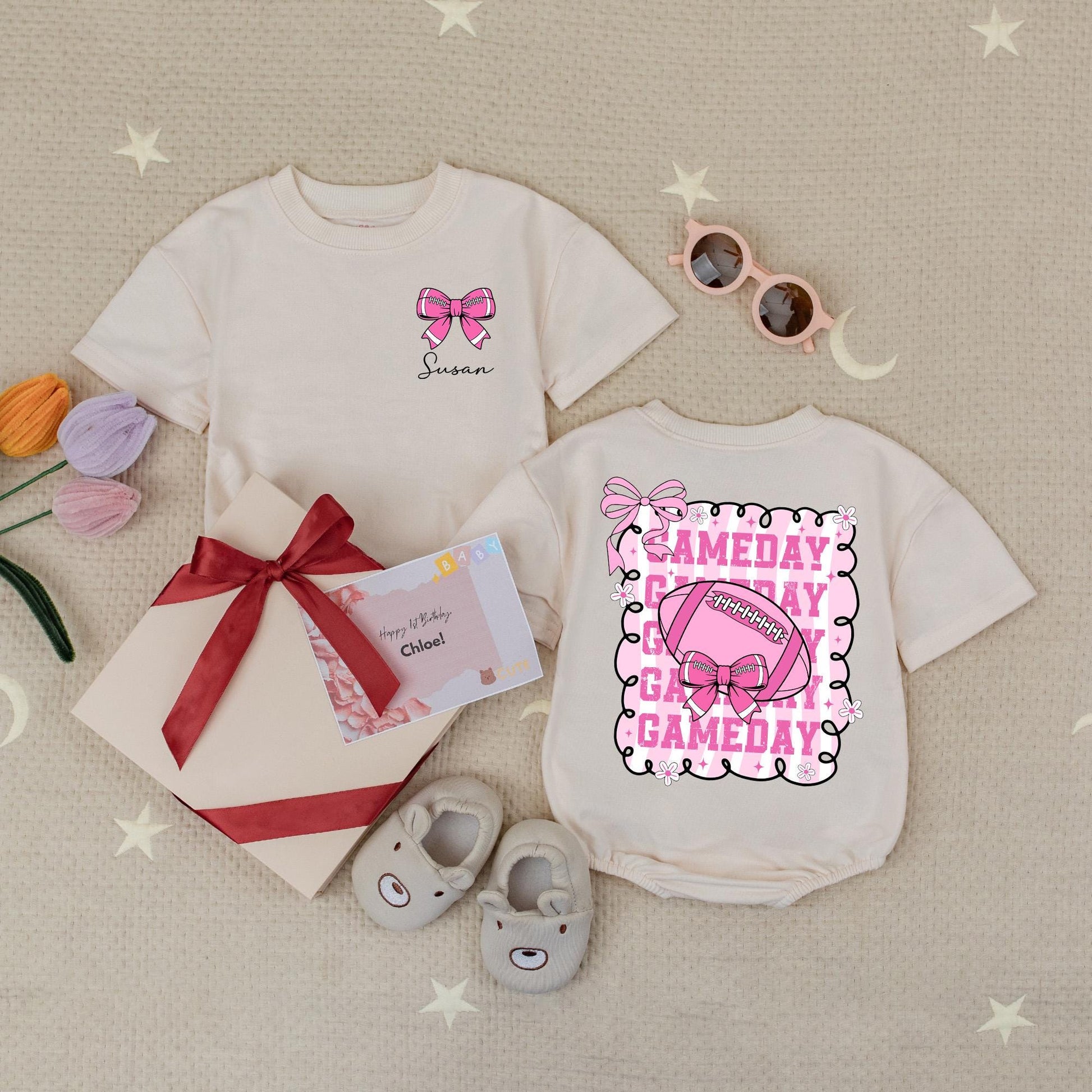 Personalized Pink Bow Football Game Day Romper for Baby Girl First Season Outfit, Cute Bodysuit featuring Gameday Doodle Frame and Stars Baby Shower Gift