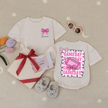 Personalized Pink Bow Football Game Day Romper for Baby Girl First Season Outfit, Cute Bodysuit featuring Gameday Doodle Frame and Stars Baby Shower Gift