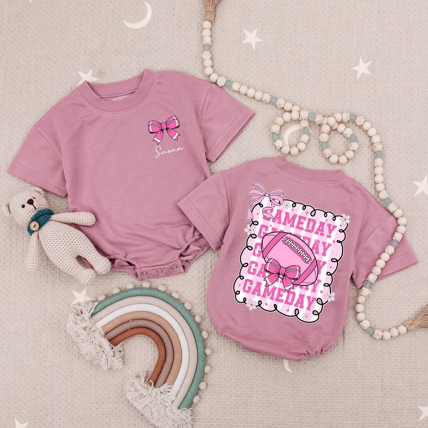 Personalized Pink Bow Football Game Day Romper for Baby Girl First Season Outfit, Cute Bodysuit featuring Gameday Doodle Frame and Stars Baby Shower Gift