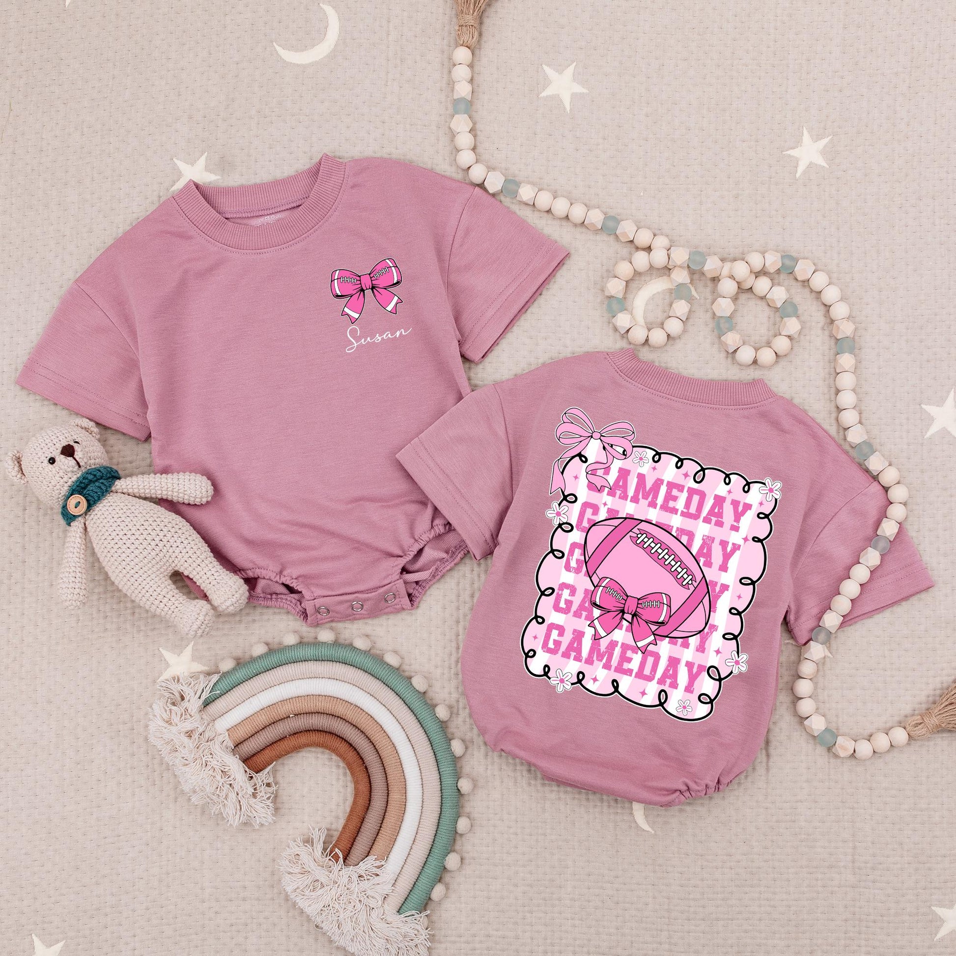 Personalized Pink Bow Football Game Day Romper for Baby Girl First Season Outfit, Cute Bodysuit featuring Gameday Doodle Frame and Stars Baby Shower Gift