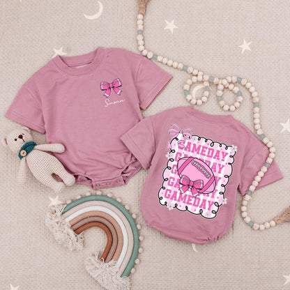 Personalized Pink Bow Football Game Day Romper for Baby Girl First Season Outfit, Cute Bodysuit featuring Gameday Doodle Frame and Stars Baby Shower Gift