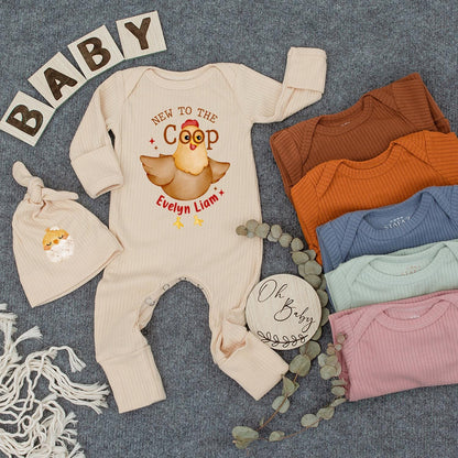 New to the Coop Baby Romper with Cartoon Chicken Funny Farm Animal Outfit Personalized Newborn Coming Home Gift