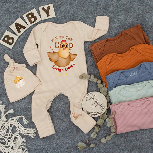 New to the Coop Baby Romper with Cartoon Chicken Funny Farm Animal Outfit Personalized Newborn Coming Home Gift
