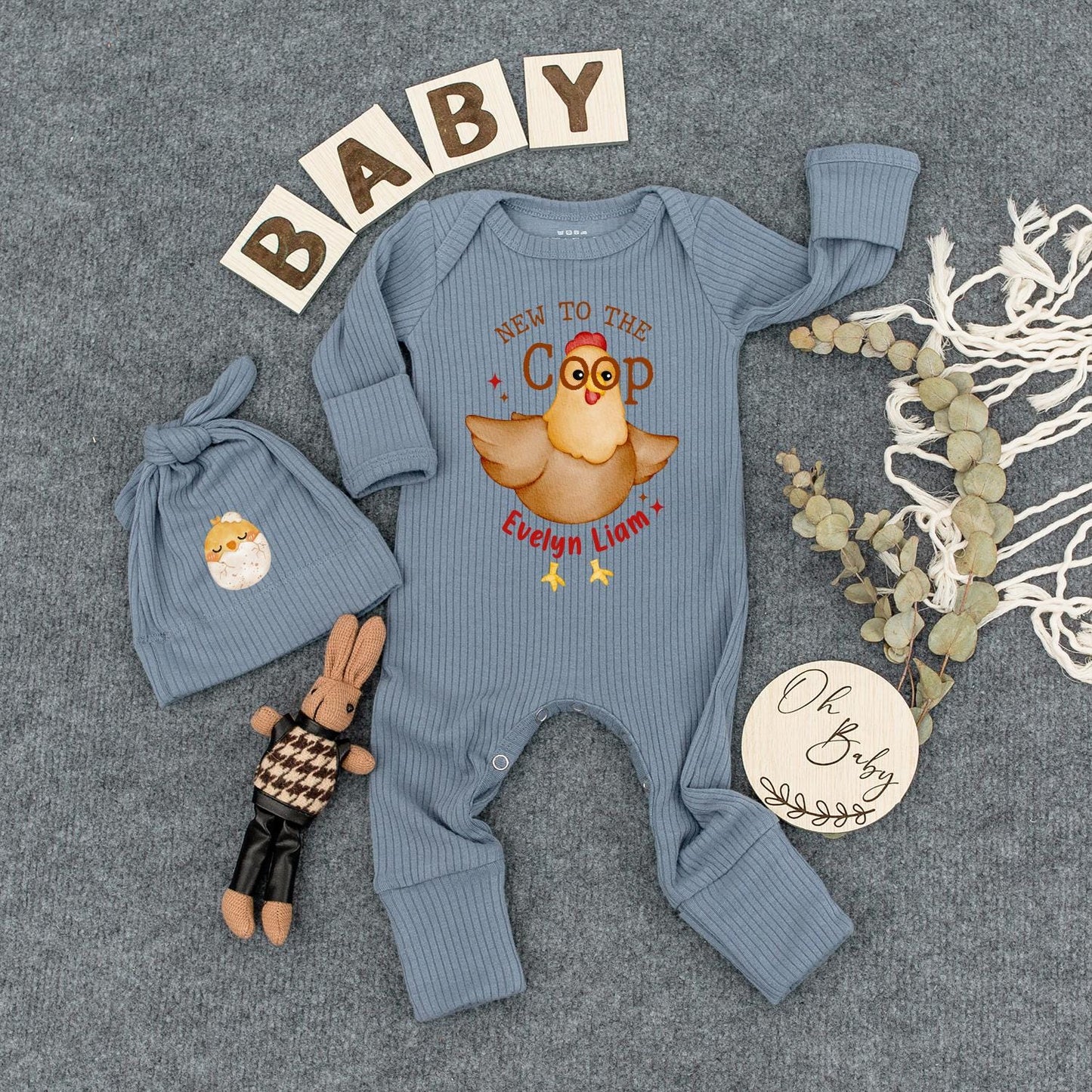 New to the Coop Baby Romper with Cartoon Chicken Funny Farm Animal Outfit Personalized Newborn Coming Home Gift
