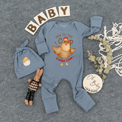 New to the Coop Baby Romper with Cartoon Chicken Funny Farm Animal Outfit Personalized Newborn Coming Home Gift